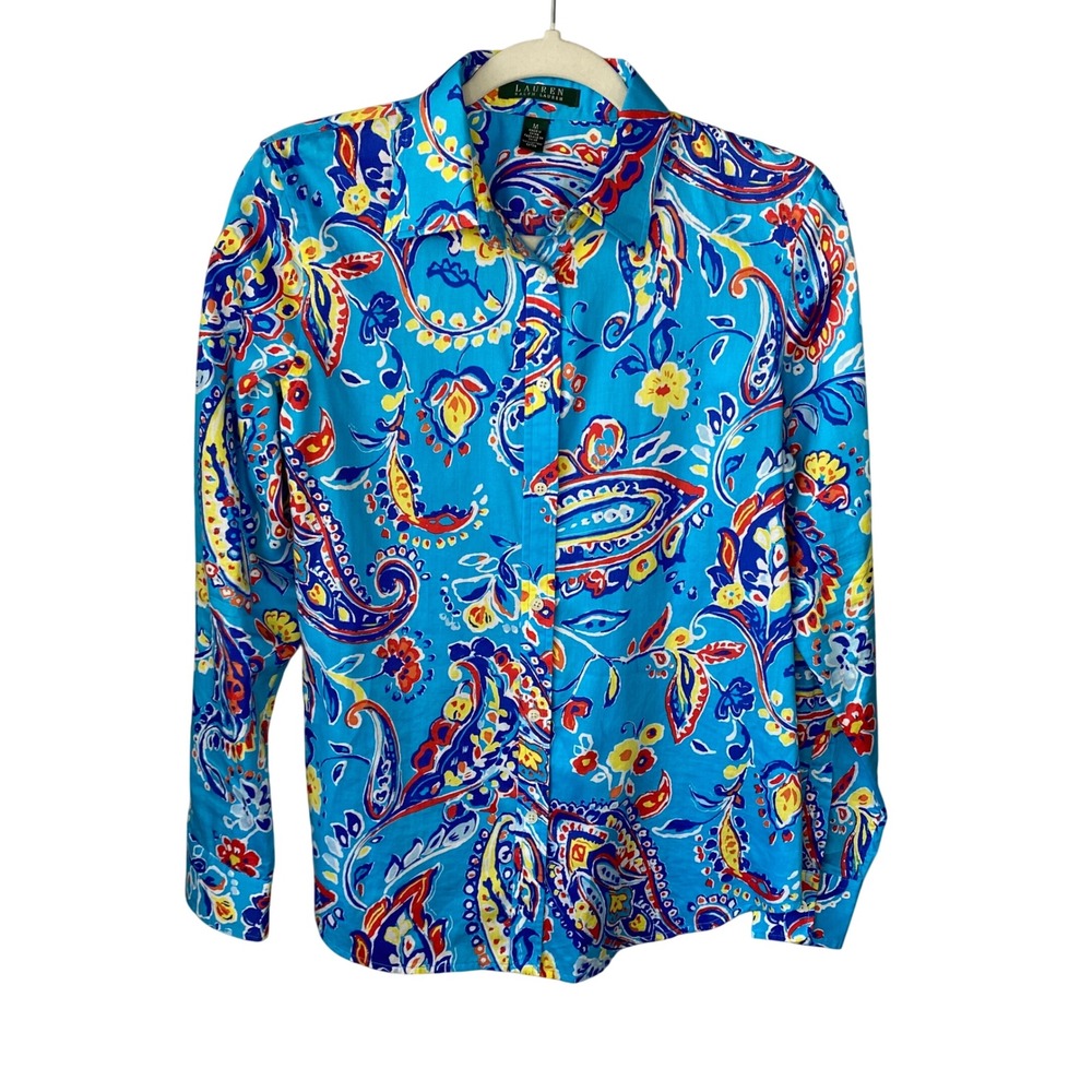 Lauren Ralph Lauren Womens Blue Paisley Floral Cotton Button Down Shirt Size M